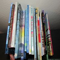 Side view showing 13 children's books stacked upright with visible spines and titles, mostly hardcover.