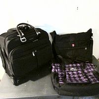 Three bags arranged together: black Baggellini rolling suitcase, black business/computer bag, and purple checkered computer bag