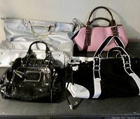 Wide view of all five handbags in the lot on a flat surface showing size and color variety