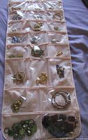 Clear pocket jewelry organizer showing various pieces of vintage costume jewelry including brooches, earrings, and bracelets.