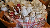 Photo showing the sets of teapots with creamers and sugar bowls displayed on a table with plaid tablecloth, including rose color Weimar set, white Mittereich set, and white Kutcshenrouther Gelb set.