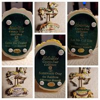Photos of the felt bottoms of each carousel horse showing collection name and Heritage House branding along with close-ups of the horses and bases.