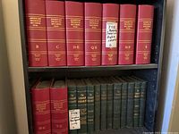 Eight hardcover volumes of American Produce Records from the 1930s with red bindings and gold lettering on a shelf.