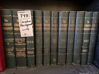 Photo of 11 hardcover law books titled 'The Canadian Abridgment' on shelf showing spines with volume numbers and dates.