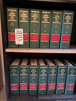 Books on two shelves of a dark wood bookshelf. Thirteen hardcover volumes of The Canadian Encyclopedic Digest (Ontario), Third Edition, green covers with gold and red labeling on the spine. Topics and volume numbers visible.