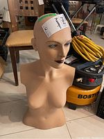 Full view of female mannequin bust showing upper torso, chest, and head with shelf and vacuum in background.