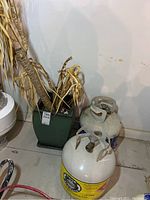 Photo showing the green planter with dried plant and two propane tanks: one yellow branded Tank Traders and one blue Fondex tank.