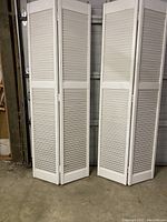 Full view of two white folding louvered doors standing side by side, showing overall condition and structure.