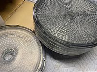 Close-up photo of five clear stackable dehydrator trays with circular grid design for airflow.