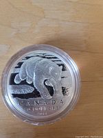 Reverse side of the coin showing a detailed polar bear image walking on ice with inscriptions "CANADA," "50 DOLLARS," and year "2014."