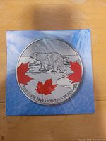 Front view of 2016 $25 Canadian silver coin featuring a detailed polar bear, three red maple leaves, and purity information on a blue Arctic-themed backing card.