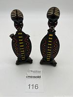 Pair of tribal cast iron bottle opener and corkscrew figurines side by side on white background with MaxSold auction number 116.