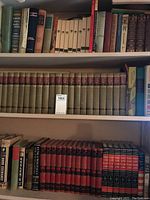 Shelf with Encyclopaedia Britannica 24 volume set alongside various other reference books and hardcovers.