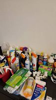 Wide view showing assorted cleaning bottles including Lysol, Shout, Ajax sprays, hand soap bottles, Swiffer mopping cloth refills, Playtex gloves, sponges, and paper towels.