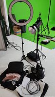 Photo showing Godox SL60W LED video light mounted on tripod stand, IVISII IR-45 ring light on stand, Godox multi-LED flash unit, cords, diffuser cloth, and black carrying cases on the floor against green screen background.