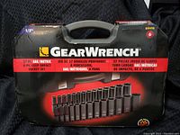 Closed black carrying case with GearWrench branded packaging showing the set contents illustration and product details.