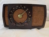 Front view of the 1955 Zenith Model R723 radio showcasing the dial, control knobs, and speaker grille.