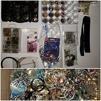 Overview of assorted small jewelry findings like clasps, metal connectors, a black velvet choker ribbon, and packaged jewelry making supplies alongside a box of miscellaneous scrap jewelry pieces including rings and pendants.