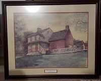 Framed watercolor-style print showing historic building labeled 'Lafayette Headquarters Brandywine'.