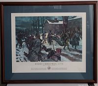 Framed print depicting the 'Merry Christmas, 1776' U.S. Army action scene in winter with soldiers and a historic building in the background.