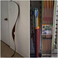 Left: full side view of bow; right: quiver with used arrows and box of ten new Bear arrows