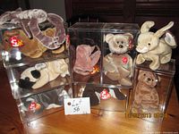 Photo of the full lot showing 9 Beanie Babies arranged on and inside clear acrylic display cases, all with original Ty tags visible, highlighting the variety of animal shapes.