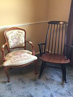 Photo showing the upholstered floral fabric chair next to wooden rocking chair