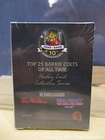 Photo of front of the sealed collector card box showing 10th Anniversary Barrie Colts logo and sponsor logos.