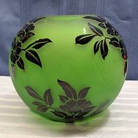 Front view showing round shape and black floral cameo designs on green glass surface.
