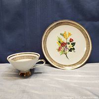 Porcelain cup with handle and 8 inch plate, showing floral design and gold lattice border.
