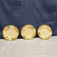 Three 6-inch Franciscan plates with pink floral design arranged side by side on a light surface with a blue backdrop.