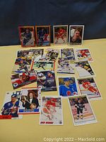 Collection of 19 NHL hockey cards laid out showing various players, teams, and card designs.