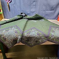 Full view of the 66-inch diameter hand quilted Christmas tree skirt with green base color and purple border, showing texture and design.