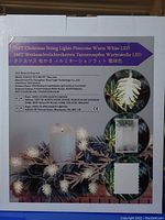 Box front showing product name, manufacturer details, and image of pinecone-shaped string lights lit up on a tree branch.