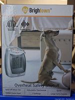 Box front showing Brightown branding, image of heater and dog, highlighting overheat safety shutoff, auto off when tilted, 1500W faster heat, adjustable thermostat, and large carry handle.