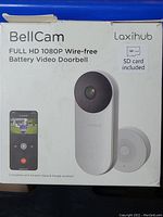 Front of the product box showing image of the BellCam doorbell and text describing Full HD 1080P Wire-free Battery Video Doorbell with SD card included.