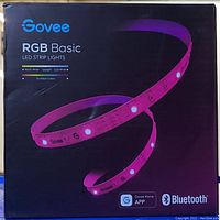 Front box displaying the Govee RGB Basic LED Strip Lights branding, emphasizing Bluetooth and app control features.