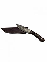 Single photo showing the Damascus steel tool with polished wooden handle alongside its stitched leather sheath, laid flat on a white background.