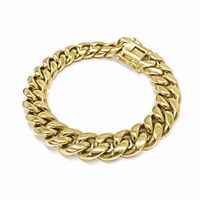 Top view of the 14KT gold plated Cuban link men's bracelet fully closed showing the clasp and thick interlocking chain links.