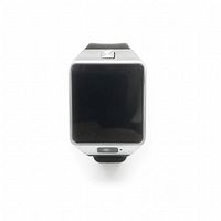 Front view of rectangular smart watch with black touchscreen, silver frame, button on top edge, and camera below the display.