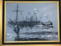 Front view of framed monochrome oil painting depicting water, boats, birds, and reeds, signed by Morris Katz.