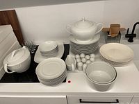 Overall set arranged on a kitchen counter shows all items including plates, bowls, salt and pepper shakers, small gravy boat, and trays.