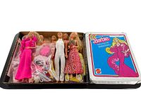 Full lot including Barbie and Ken dolls in various outfits, original accessories in bags, and white Barbie branded carrying case with colorful graphic on front.