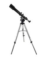 Full view of the Celestron Powerseeker 70EQ telescope mounted on its adjustable tripod with the eyepiece and finderscope visible.