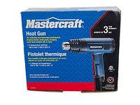 Box of Mastercraft heat gun showing brand, features, and warranty information