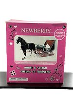 Pink box showing Newberry Horse and Sleigh set, indicates fits dolls up to 18 inches, packaging shows storage wear.