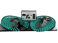 Photo showing the snowshoes with turquoise webbing and black rubber bindings alongside the box for ice traction slip-ons.