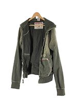 Front view of olive green/grey zip-up hoodie sweatshirt with hood on wooden hanger showing inner fleece lining, zipper and front pocket with drawstring detail.