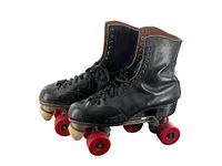 Pair of vintage Bauer men's roller derby skates in black leather with red wheels. Both skates are shown from a rear-side angle display.