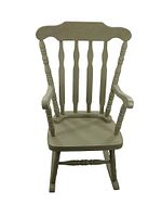 Front view showing decorative turned spindles, solid wooden seat, and painted finish.